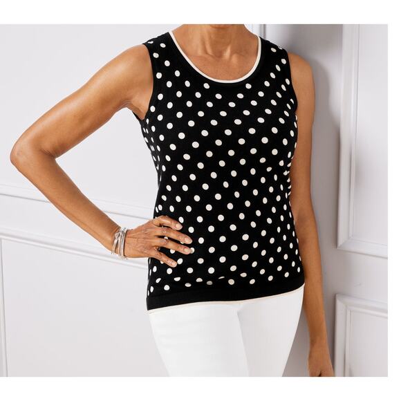 Talbots Sweater Shell Womens P Petite Black White Polka Dot Sleeveless Knit NEW - Picture 2 of 8